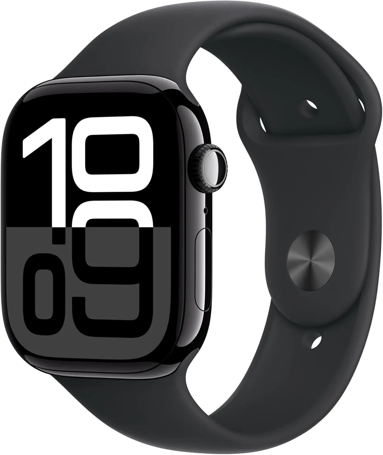 Apple Watch Series 10 GPS [46mm] with Jet Black Aluminium Case and Black Sport Band, featuring advanced fitness tracking, ECG app, always-on retina display, and water resistance.